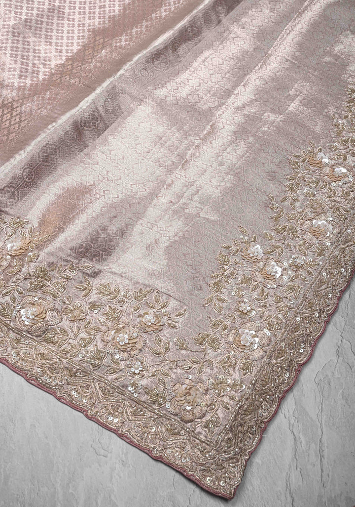 Dusty Pink Celebrity Design Water Jaal on Pure Tissue Kanjivaram Silk Saree with Sequins, Cutdana Hand work and Scallop Border | SILK MARK CERTIFIED