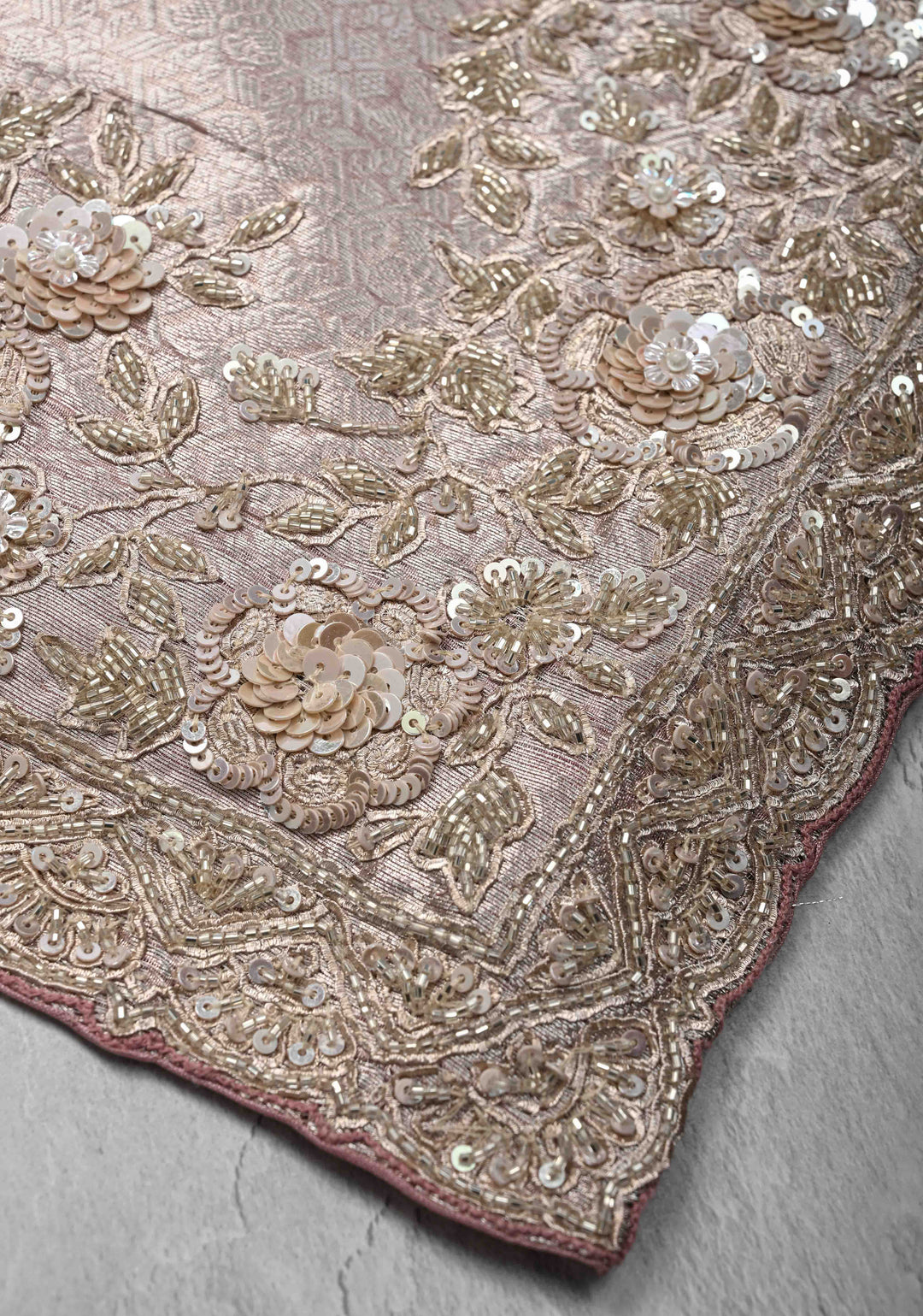 Dusty Pink Celebrity Design Water Jaal on Pure Tissue Kanjivaram Silk Saree with Sequins, Cutdana Hand work and Scallop Border | SILK MARK CERTIFIED