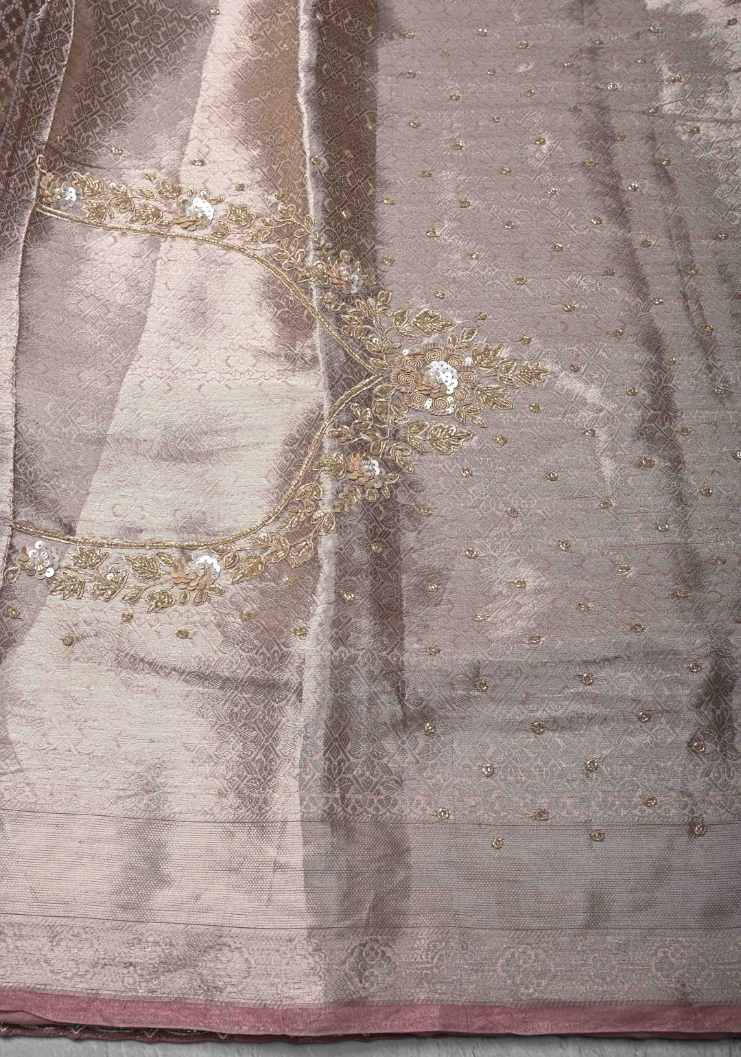 Dusty Pink Celebrity Design Water Jaal on Pure Tissue Kanjivaram Silk Saree with Sequins, Cutdana Hand work and Scallop Border | SILK MARK CERTIFIED