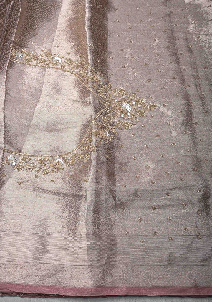 Dusty Pink Celebrity Design Water Jaal on Pure Tissue Kanjivaram Silk Saree with Sequins, Cutdana Hand work and Scallop Border | SILK MARK CERTIFIED