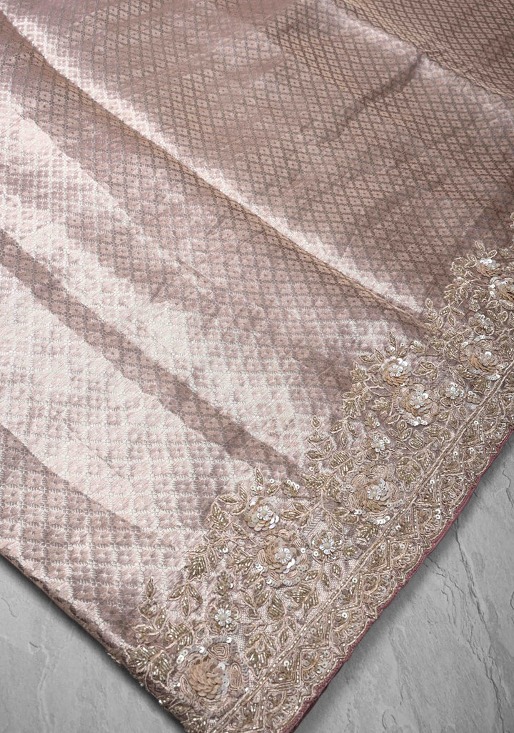 Dusty Pink Celebrity Design Water Jaal on Pure Tissue Kanjivaram Silk Saree with Sequins, Cutdana Hand work and Scallop Border | SILK MARK CERTIFIED