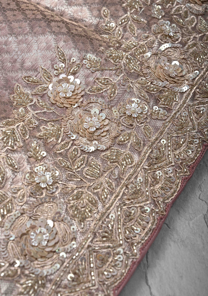 Dusty Pink Celebrity Design Water Jaal on Pure Tissue Kanjivaram Silk Saree with Sequins, Cutdana Hand work and Scallop Border | SILK MARK CERTIFIED