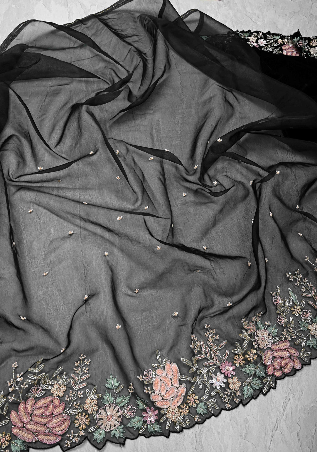 Black Half Velvet and Half Organza Silk Saree with Embroidery Embellishments and Scallop Border