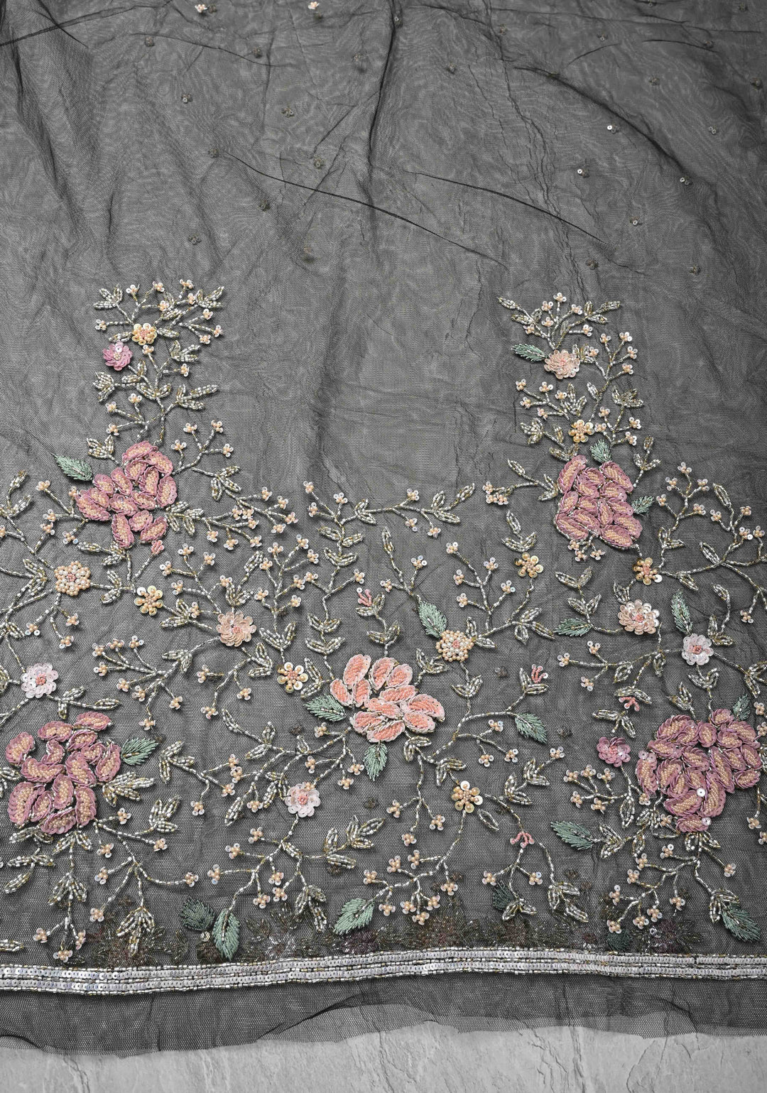 Black Half Velvet and Half Organza Silk Saree with Embroidery Embellishments and Scallop Border