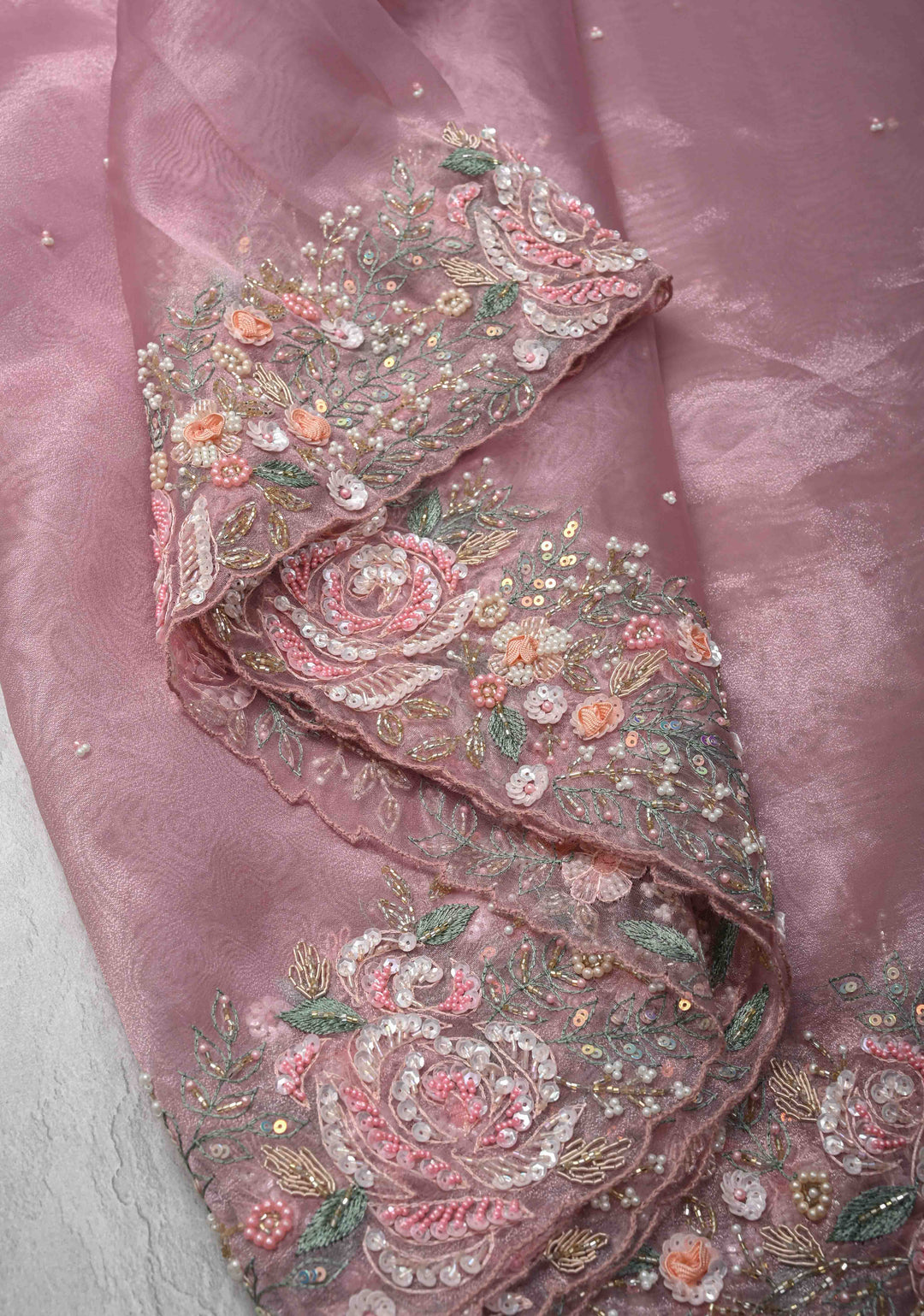 Dusty Pink Moti work on Glass Organza Saree with Sequins, Cutdana, Zardosi and Thread Detailing on Scallop Border