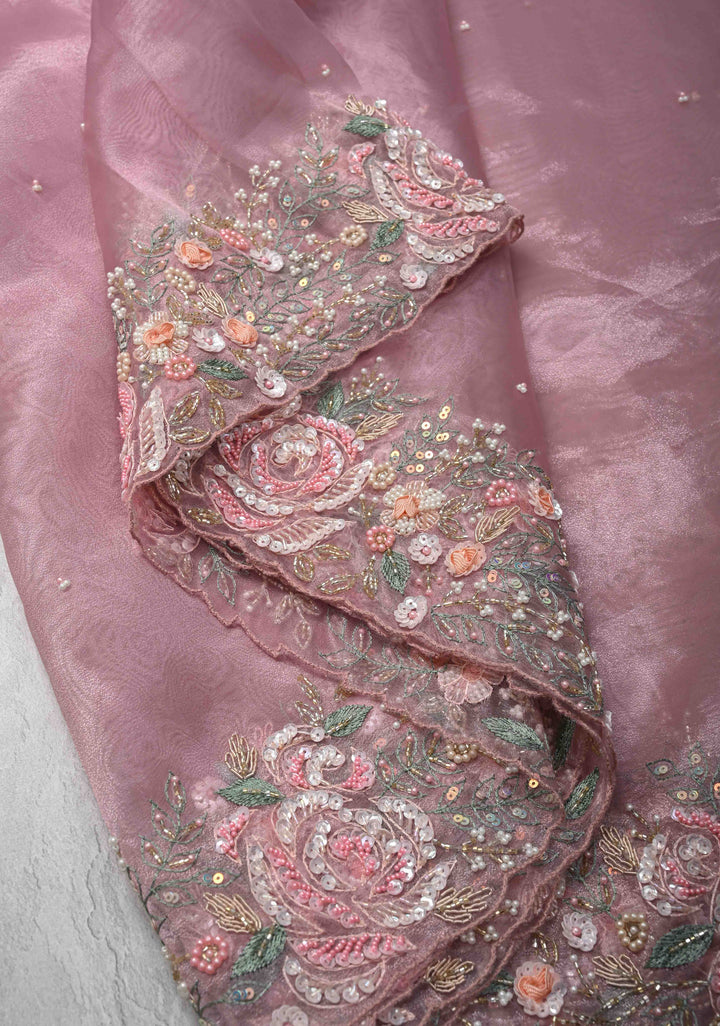 Dusty Pink Moti work on Glass Organza Saree with Sequins, Cutdana, Zardosi and Thread Detailing on Scallop Border