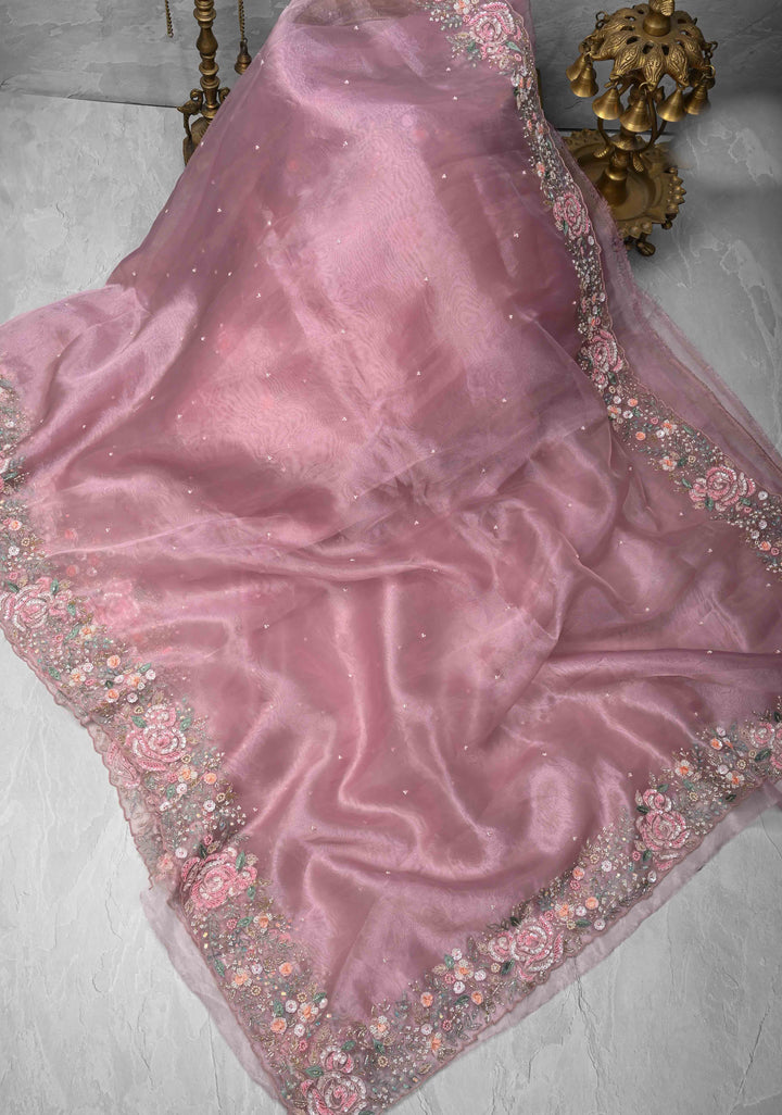 Dusty Pink Moti work on Glass Organza Saree with Sequins, Cutdana, Zardosi and Thread Detailing on Scallop Border