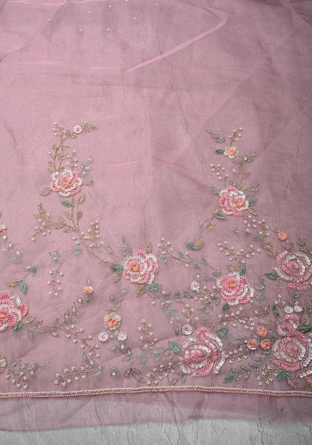 Dusty Pink Moti work on Glass Organza Saree with Sequins, Cutdana, Zardosi and Thread Detailing on Scallop Border