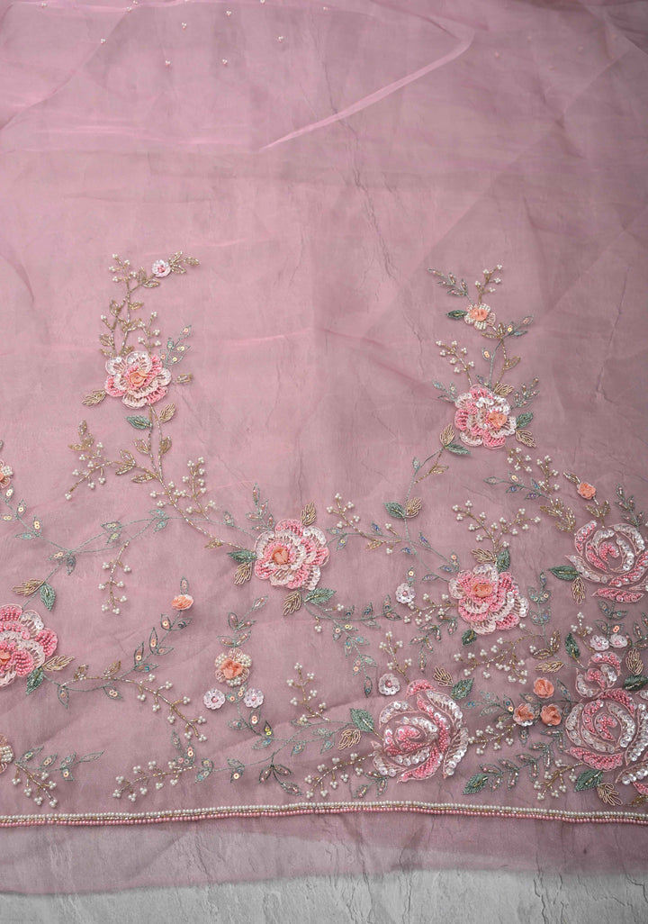 Dusty Pink Moti work on Glass Organza Saree with Sequins, Cutdana, Zardosi and Thread Detailing on Scallop Border