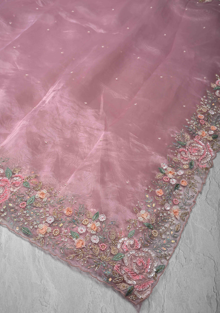 Dusty Pink Moti work on Glass Organza Saree with Sequins, Cutdana, Zardosi and Thread Detailing on Scallop Border