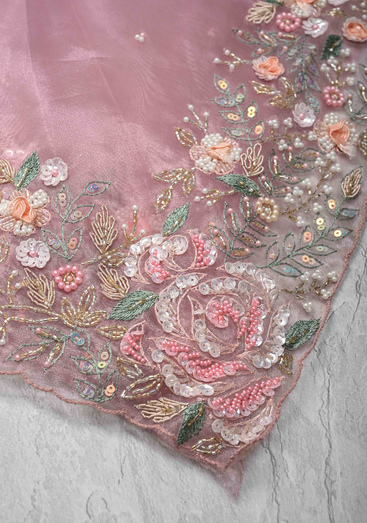 Dusty Pink Moti work on Glass Organza Saree with Sequins, Cutdana, Zardosi and Thread Detailing on Scallop Border