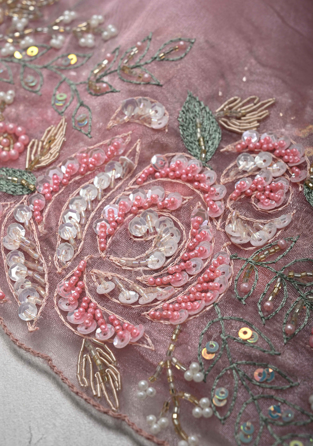 Dusty Pink Moti work on Glass Organza Saree with Sequins, Cutdana, Zardosi and Thread Detailing on Scallop Border
