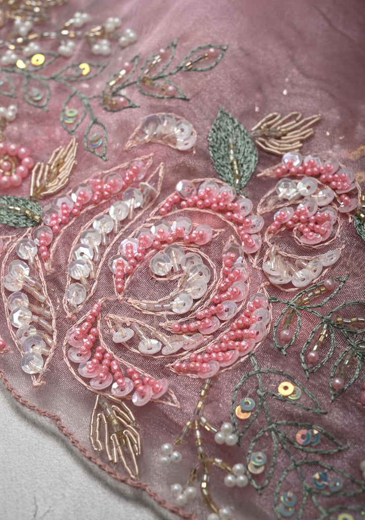 Dusty Pink Moti work on Glass Organza Saree with Sequins, Cutdana, Zardosi and Thread Detailing on Scallop Border