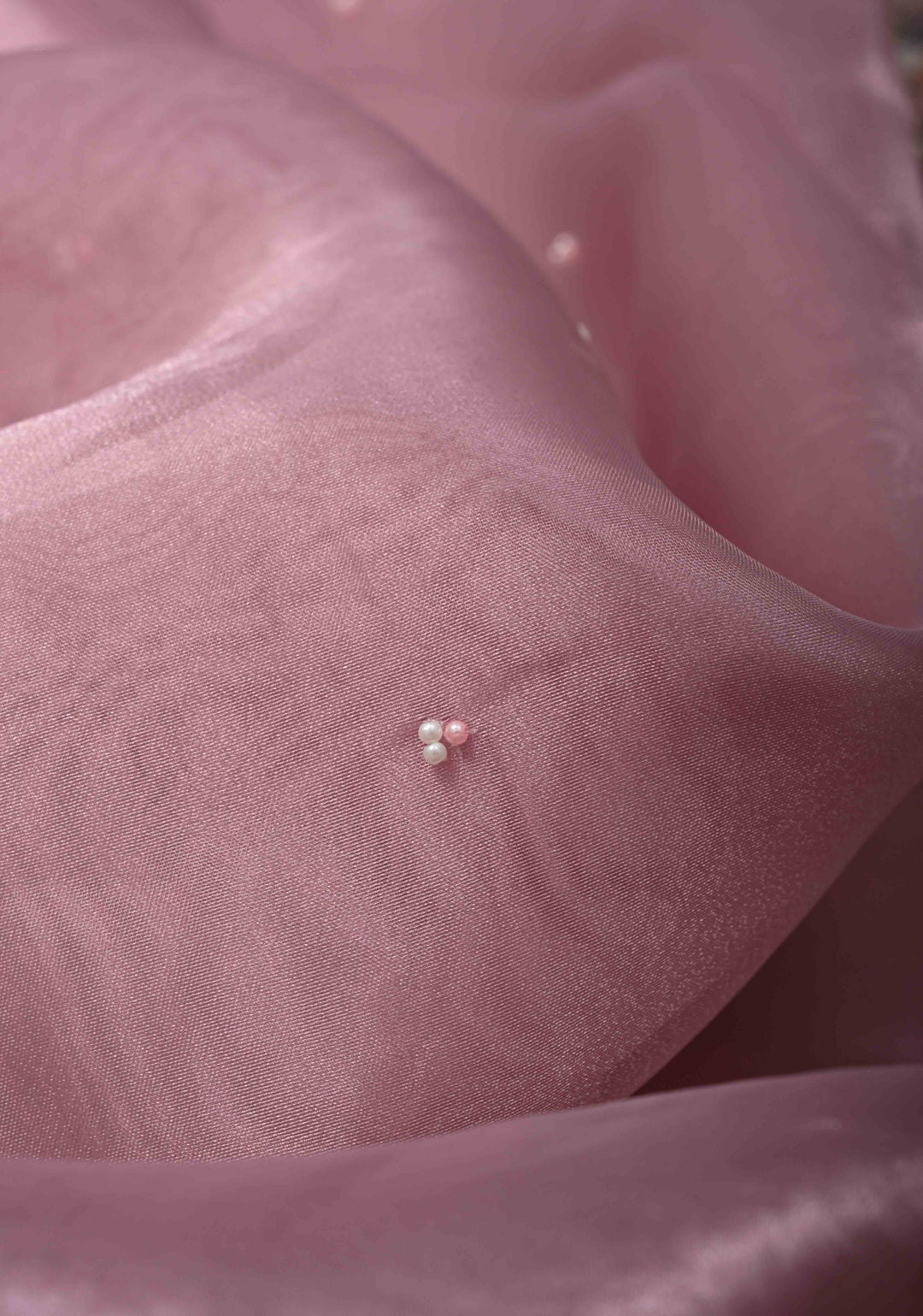 Dusty Pink Moti work on Glass Organza Saree with Sequins, Cutdana, Zardosi and Thread Detailing on Scallop Border