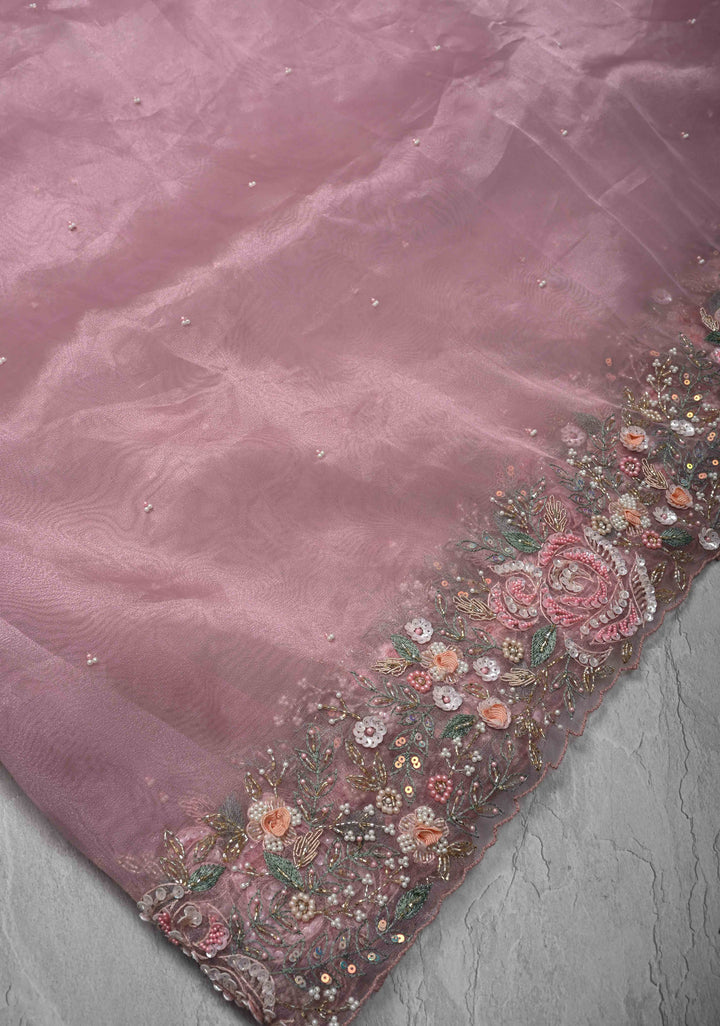 Dusty Pink Moti work on Glass Organza Saree with Sequins, Cutdana, Zardosi and Thread Detailing on Scallop Border