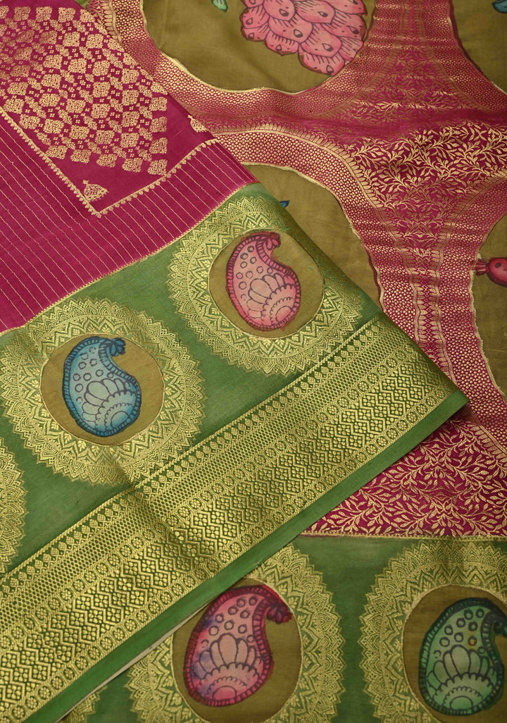 Raspberry Handpainted Pen Kalamkari on Pure Mysore Silk Saree with Zari Brocade, Vertical Stripes and Contrast Wide Border | SILK MARK CERTIFIED