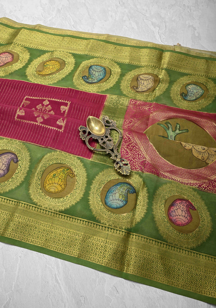 Raspberry Handpainted Pen Kalamkari on Pure Mysore Silk Saree with Zari Brocade, Vertical Stripes and Contrast Wide Border | SILK MARK CERTIFIED