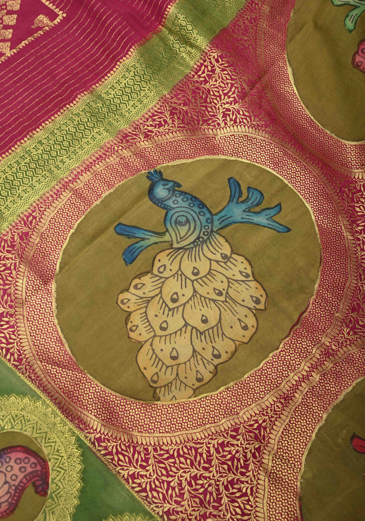 Raspberry Handpainted Pen Kalamkari on Pure Mysore Silk Saree with Zari Brocade, Vertical Stripes and Contrast Wide Border | SILK MARK CERTIFIED