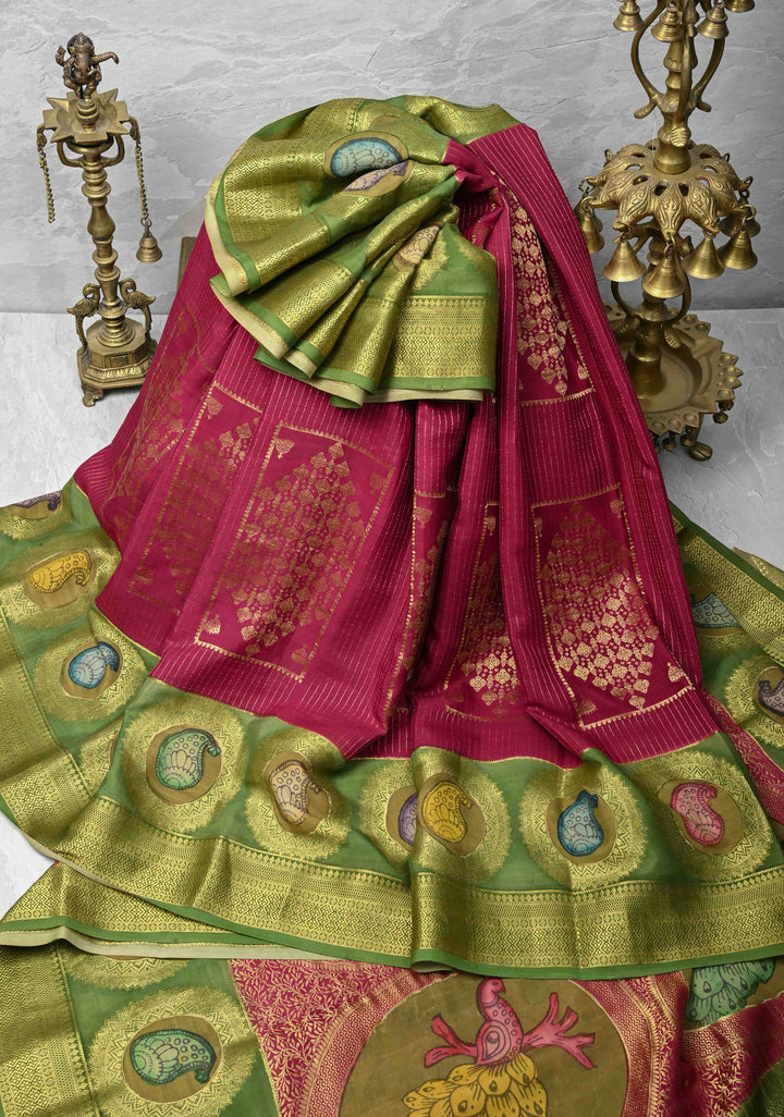 Raspberry Handpainted Pen Kalamkari on Pure Mysore Silk Saree with Zari Brocade, Vertical Stripes and Contrast Wide Border | SILK MARK CERTIFIED