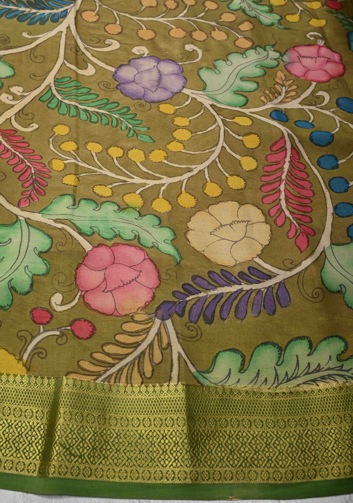 Raspberry Handpainted Pen Kalamkari on Pure Mysore Silk Saree with Zari Brocade, Vertical Stripes and Contrast Wide Border | SILK MARK CERTIFIED