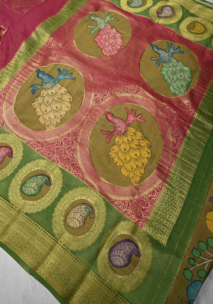 Raspberry Handpainted Pen Kalamkari on Pure Mysore Silk Saree with Zari Brocade, Vertical Stripes and Contrast Wide Border | SILK MARK CERTIFIED
