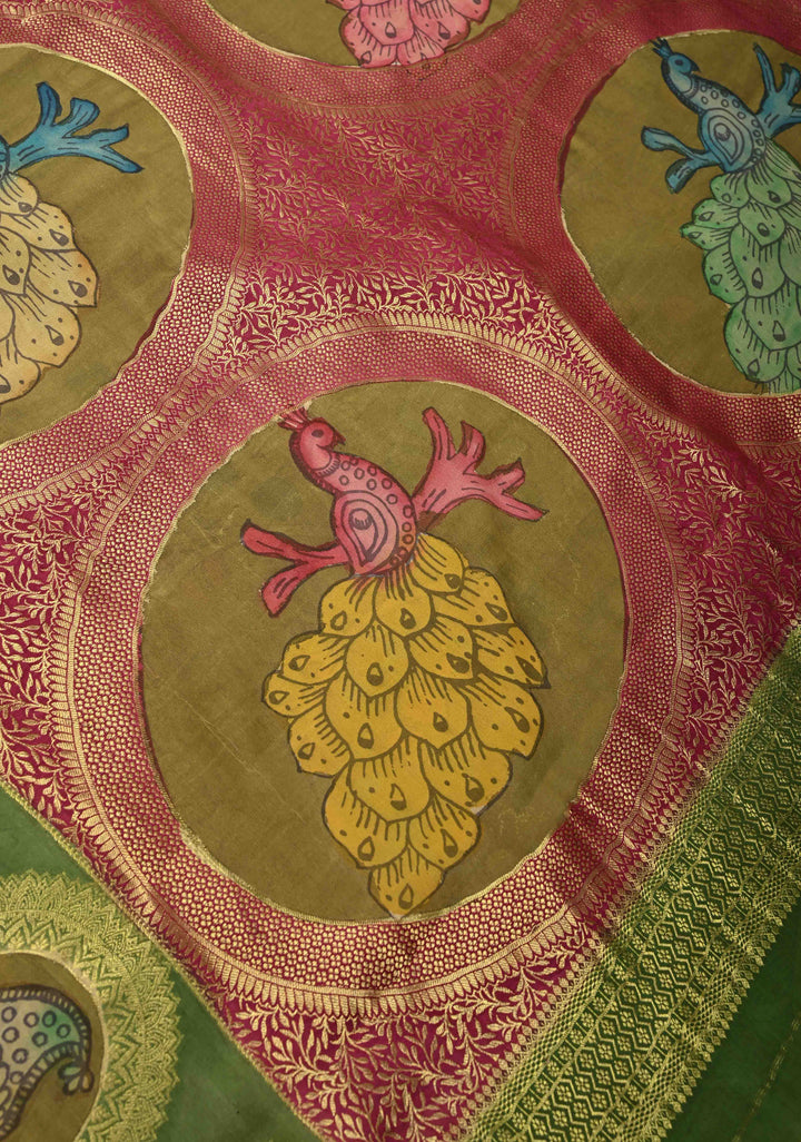 Raspberry Handpainted Pen Kalamkari on Pure Mysore Silk Saree with Zari Brocade, Vertical Stripes and Contrast Wide Border | SILK MARK CERTIFIED