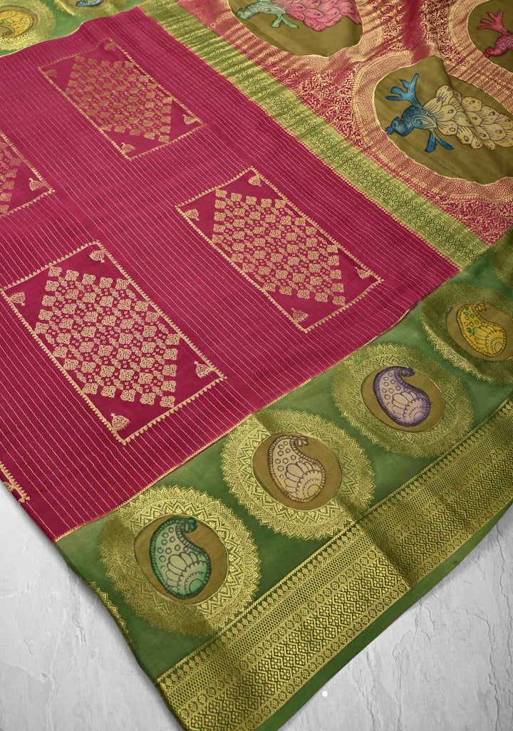 Raspberry Handpainted Pen Kalamkari on Pure Mysore Silk Saree with Zari Brocade, Vertical Stripes and Contrast Wide Border | SILK MARK CERTIFIED
