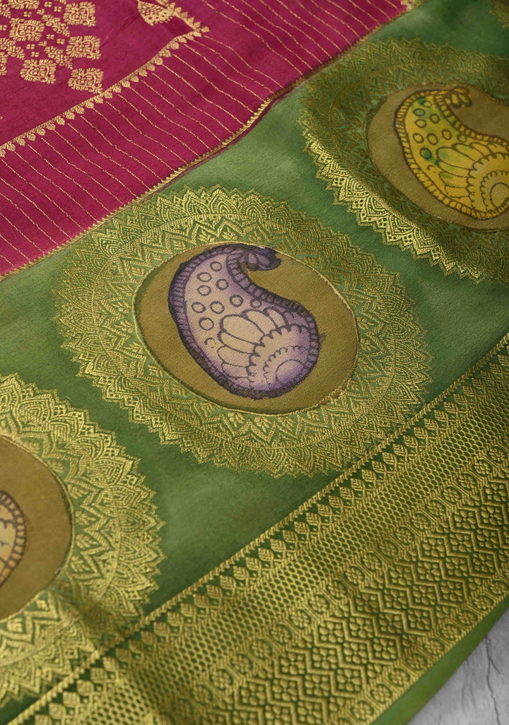 Raspberry Handpainted Pen Kalamkari on Pure Mysore Silk Saree with Zari Brocade, Vertical Stripes and Contrast Wide Border | SILK MARK CERTIFIED