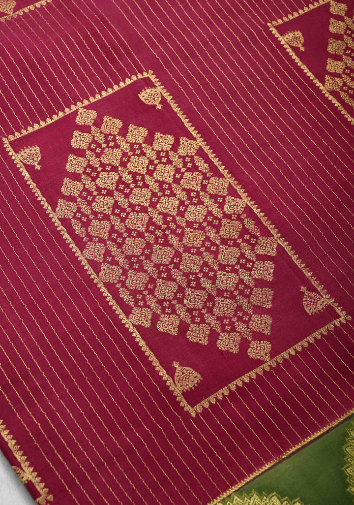Raspberry Handpainted Pen Kalamkari on Pure Mysore Silk Saree with Zari Brocade, Vertical Stripes and Contrast Wide Border | SILK MARK CERTIFIED