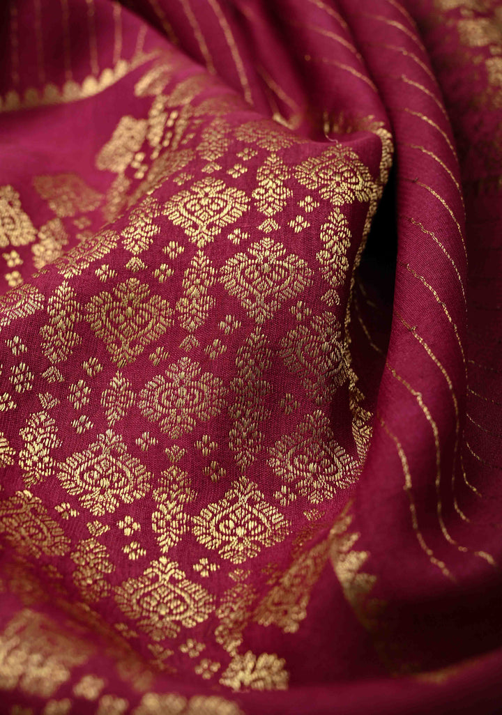Raspberry Handpainted Pen Kalamkari on Pure Mysore Silk Saree with Zari Brocade, Vertical Stripes and Contrast Wide Border | SILK MARK CERTIFIED