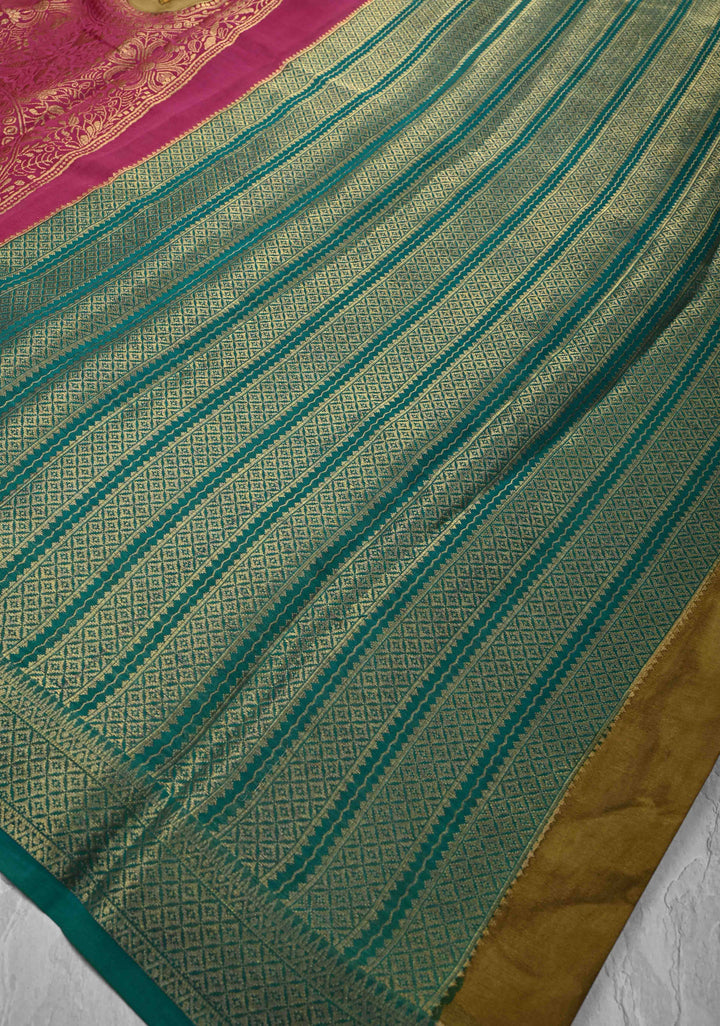 Magenta Handpainted Pen Kalamkari on Pure Mysore Silk Saree with Vertical Zari Panel and Contrast Zari Border | SILK MARK CERTIFIED