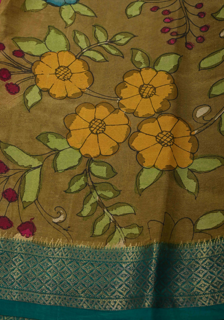 Magenta Handpainted Pen Kalamkari on Pure Mysore Silk Saree with Vertical Zari Panel and Contrast Zari Border | SILK MARK CERTIFIED