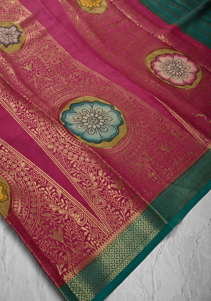 Magenta Handpainted Pen Kalamkari on Pure Mysore Silk Saree with Vertical Zari Panel and Contrast Zari Border | SILK MARK CERTIFIED