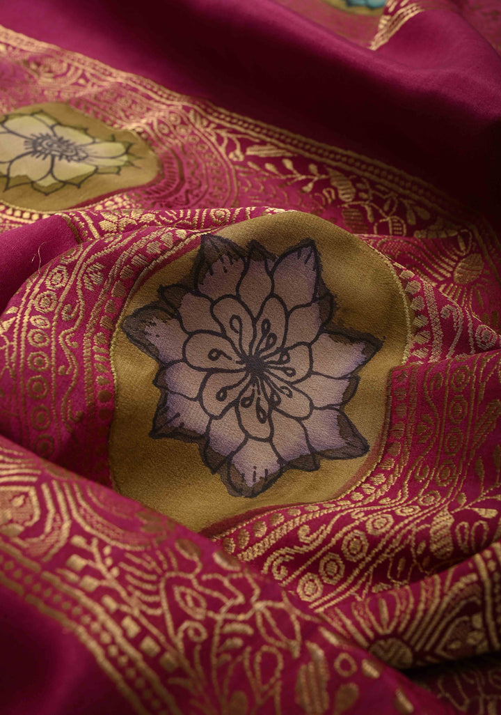 Magenta Handpainted Pen Kalamkari on Pure Mysore Silk Saree with Vertical Zari Panel and Contrast Zari Border | SILK MARK CERTIFIED