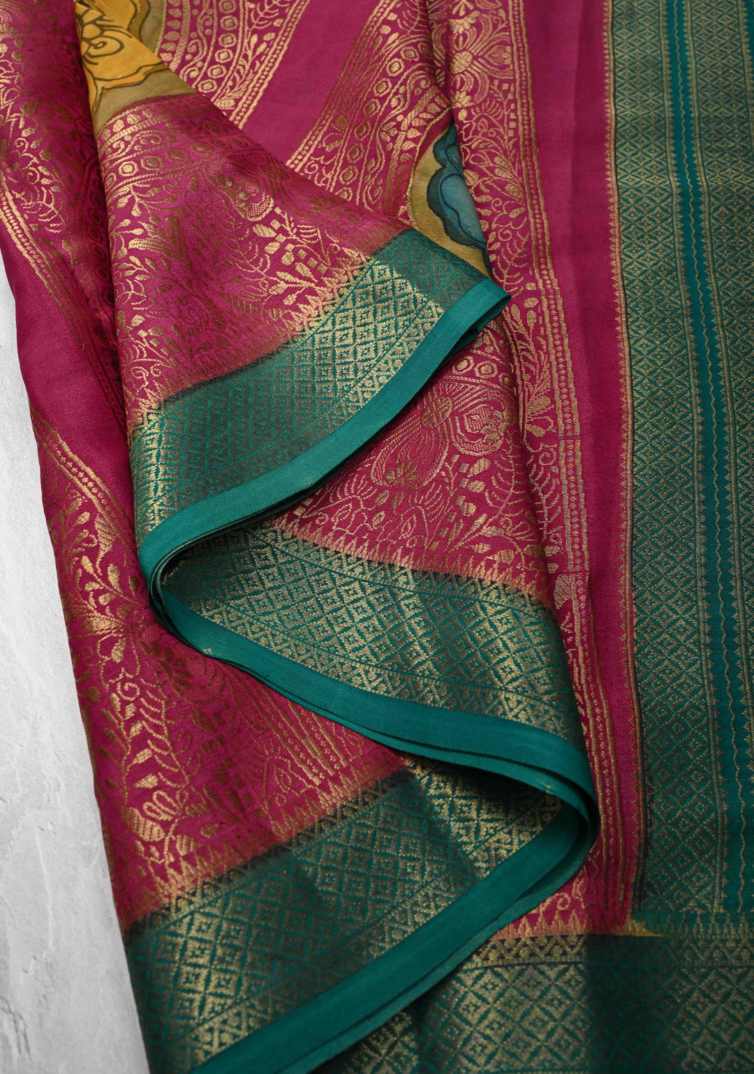 Magenta Handpainted Pen Kalamkari on Pure Mysore Silk Saree with Vertical Zari Panel and Contrast Zari Border | SILK MARK CERTIFIED