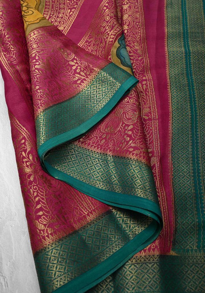 Magenta Handpainted Pen Kalamkari on Pure Mysore Silk Saree with Vertical Zari Panel and Contrast Zari Border | SILK MARK CERTIFIED