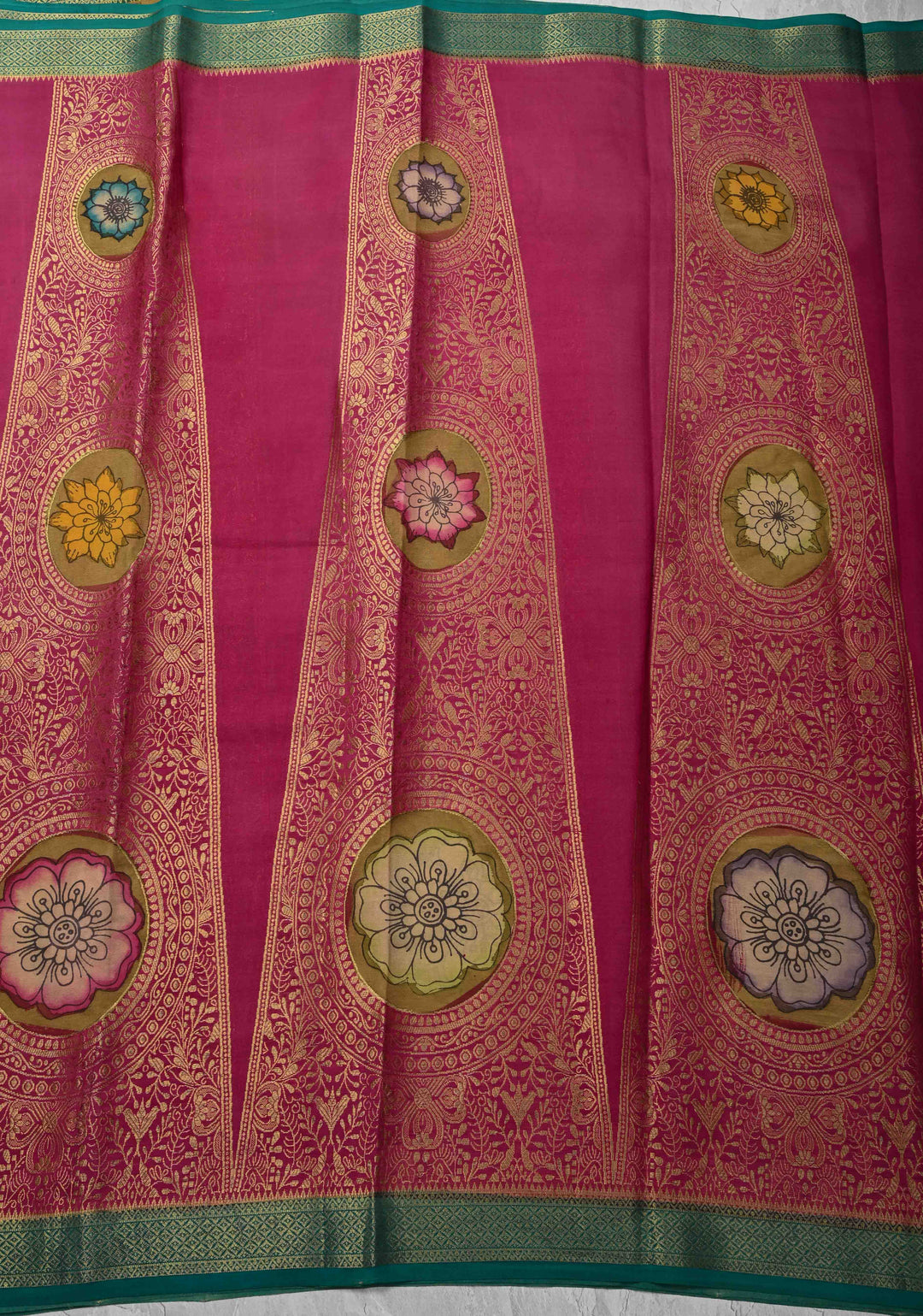 Magenta Handpainted Pen Kalamkari on Pure Mysore Silk Saree with Vertical Zari Panel and Contrast Zari Border | SILK MARK CERTIFIED