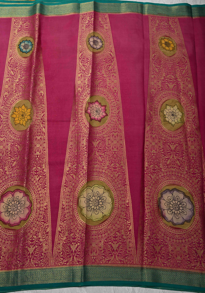 Magenta Handpainted Pen Kalamkari on Pure Mysore Silk Saree with Vertical Zari Panel and Contrast Zari Border | SILK MARK CERTIFIED