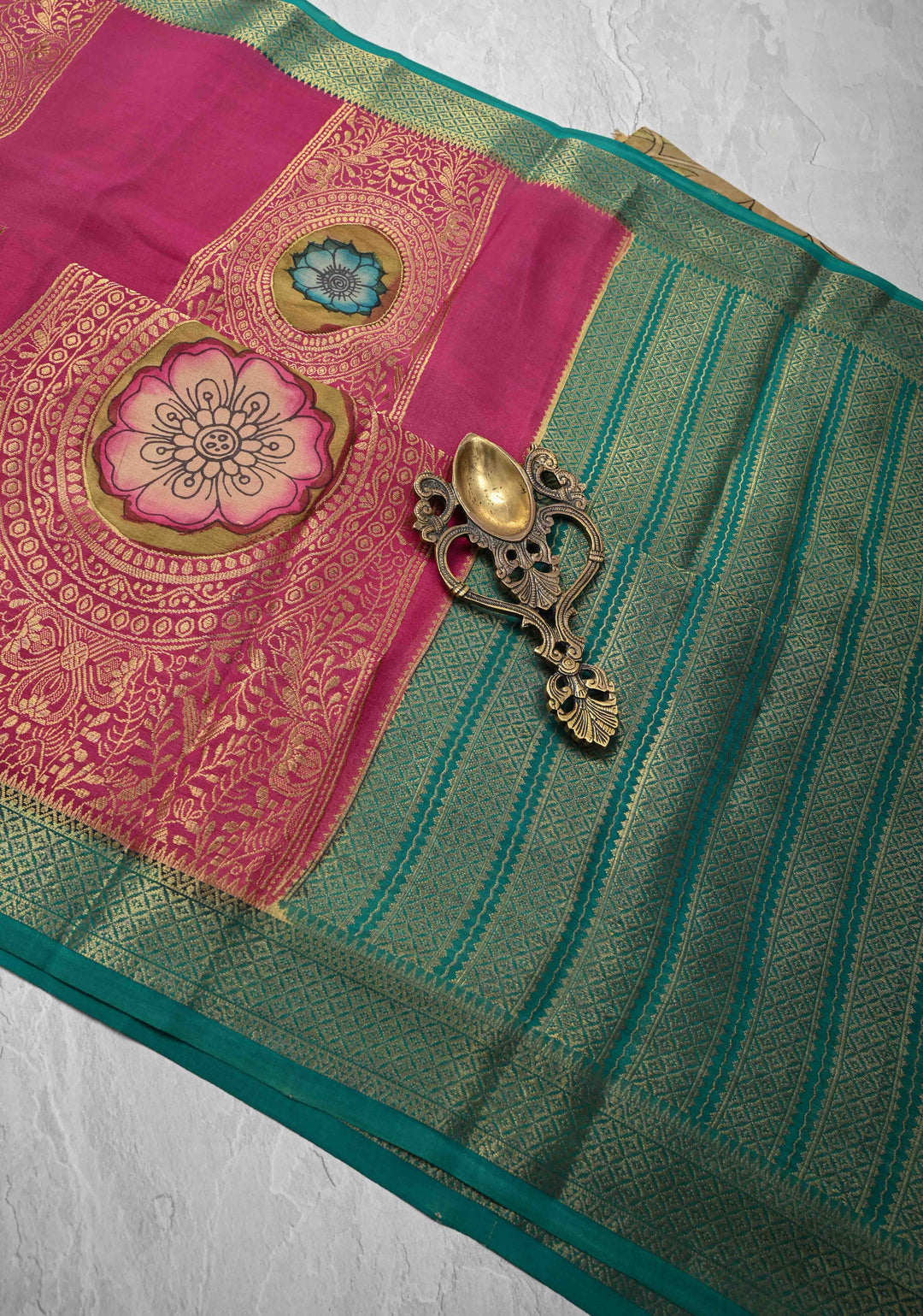 Magenta Handpainted Pen Kalamkari on Pure Mysore Silk Saree with Vertical Zari Panel and Contrast Zari Border | SILK MARK CERTIFIED