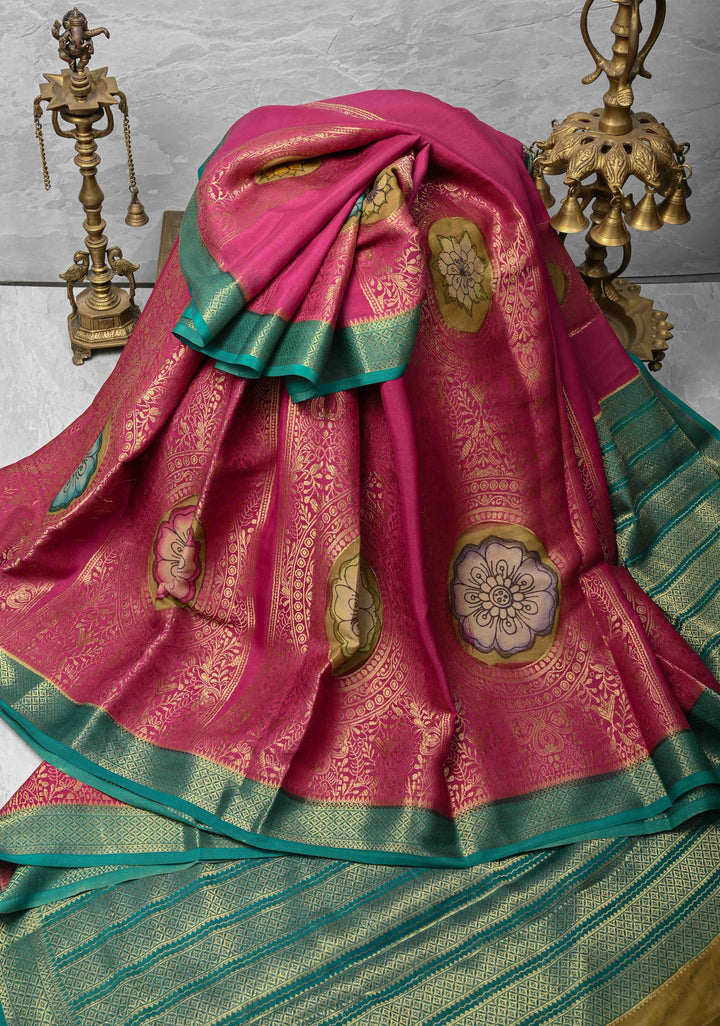 Magenta Handpainted Pen Kalamkari on Pure Mysore Silk Saree with Vertical Zari Panel and Contrast Zari Border | SILK MARK CERTIFIED