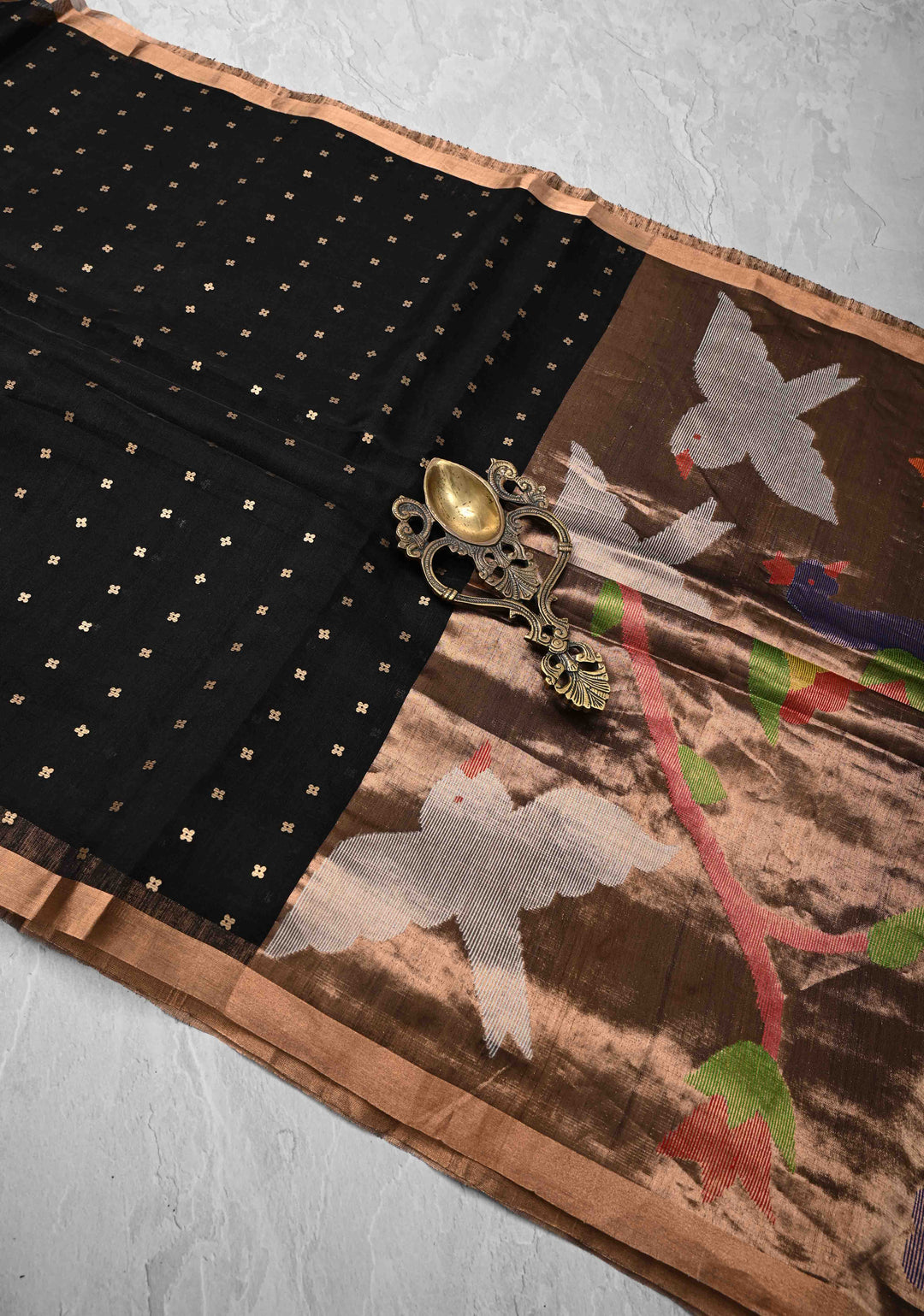 Black Matka Muslin Saree with pocket sequins and Paithani Style Pallu | SILK MARK CERTIFIED