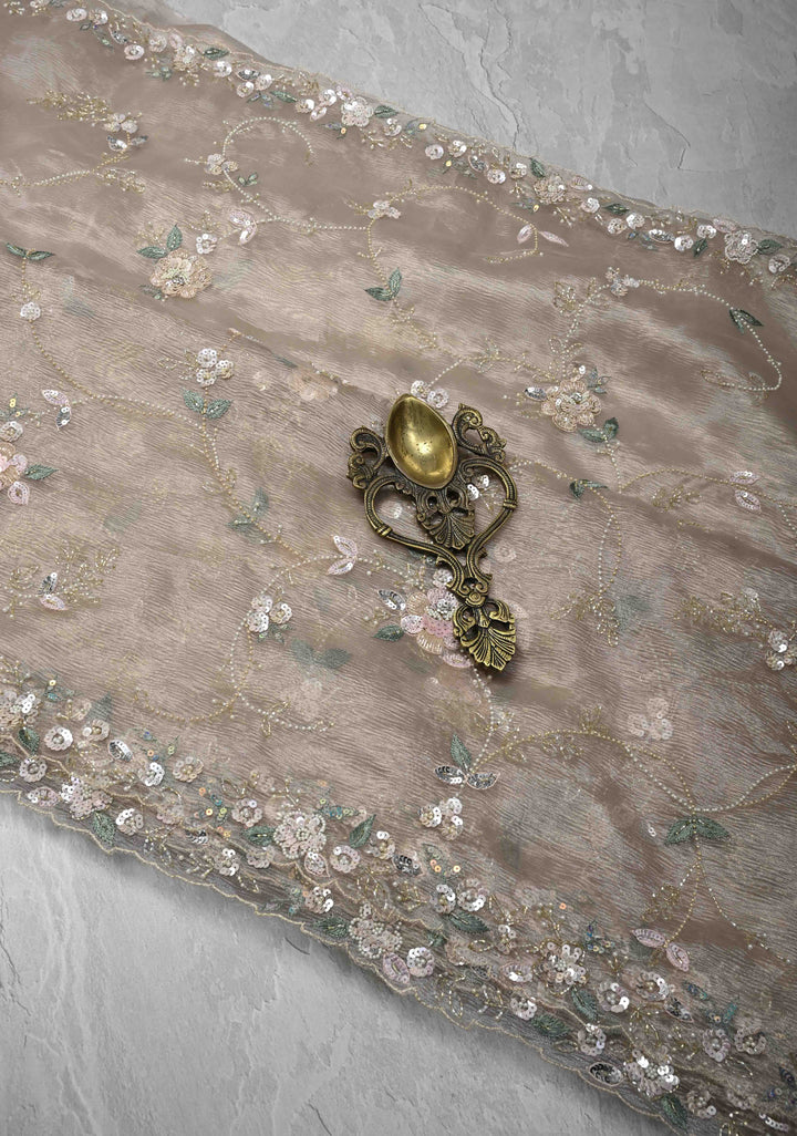 Champagne Hand Embroidery Jaal on Crushed Tissue Organza Saree with Sequins, Cutdana, Moti, Thread Detailing and Scallop Border
