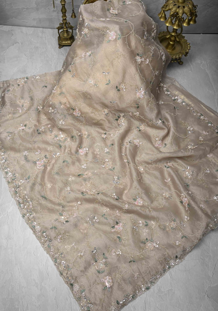 Champagne Hand Embroidery Jaal on Crushed Tissue Organza Saree with Sequins, Cutdana, Moti, Thread Detailing and Scallop Border