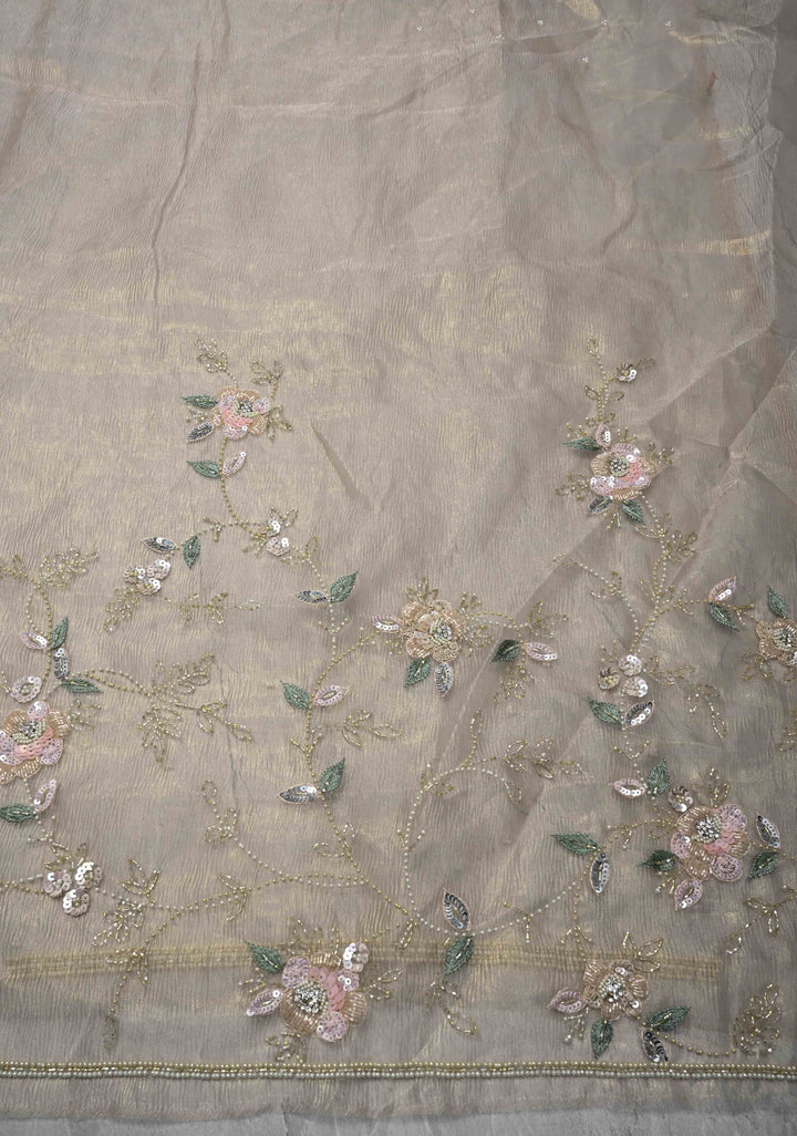 Champagne Hand Embroidery Jaal on Crushed Tissue Organza Saree with Sequins, Cutdana, Moti, Thread Detailing and Scallop Border