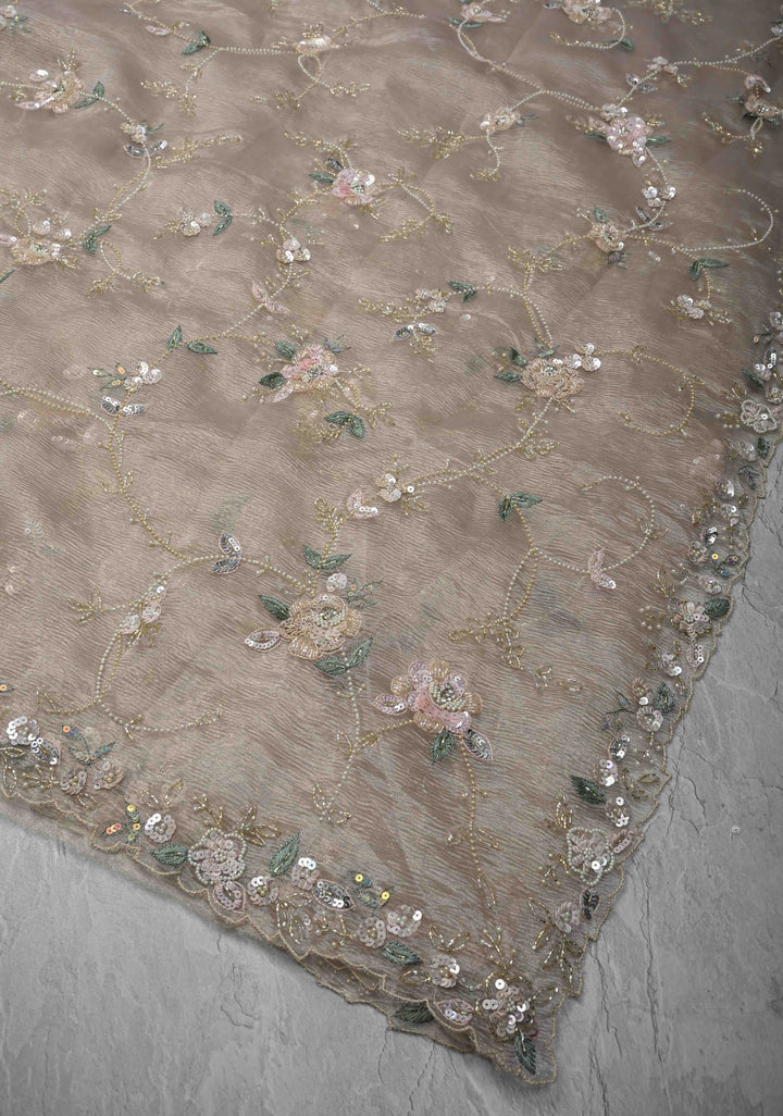 Champagne Hand Embroidery Jaal on Crushed Tissue Organza Saree with Sequins, Cutdana, Moti, Thread Detailing and Scallop Border
