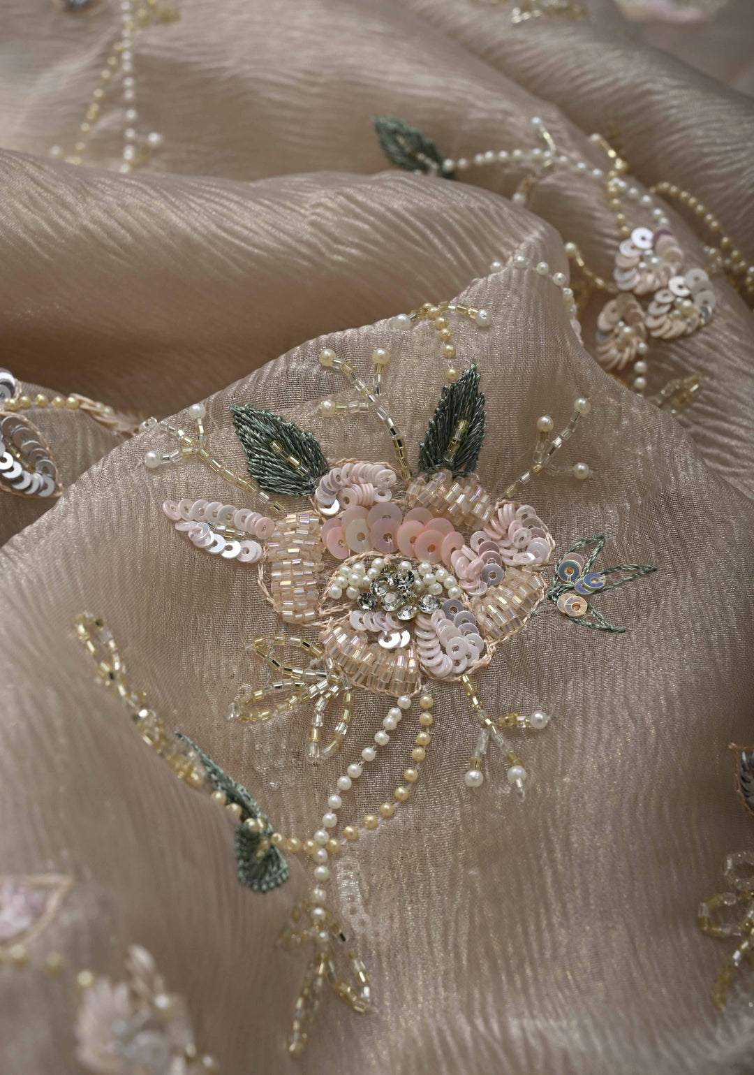 Champagne Hand Embroidery Jaal on Crushed Tissue Organza Saree with Sequins, Cutdana, Moti, Thread Detailing and Scallop Border