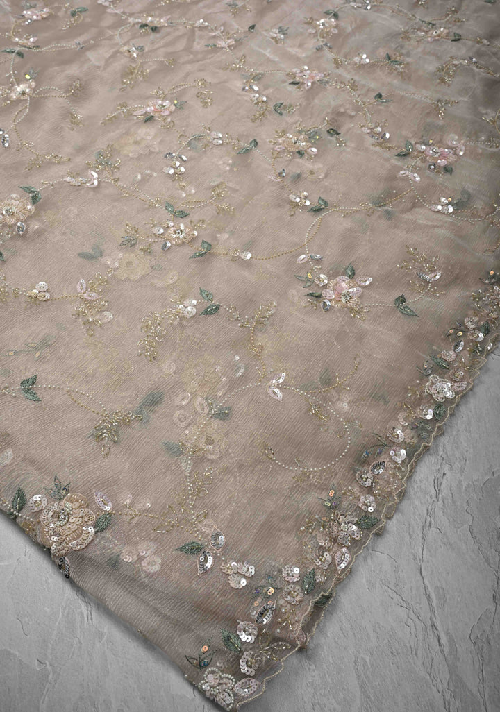 Champagne Hand Embroidery Jaal on Crushed Tissue Organza Saree with Sequins, Cutdana, Moti, Thread Detailing and Scallop Border
