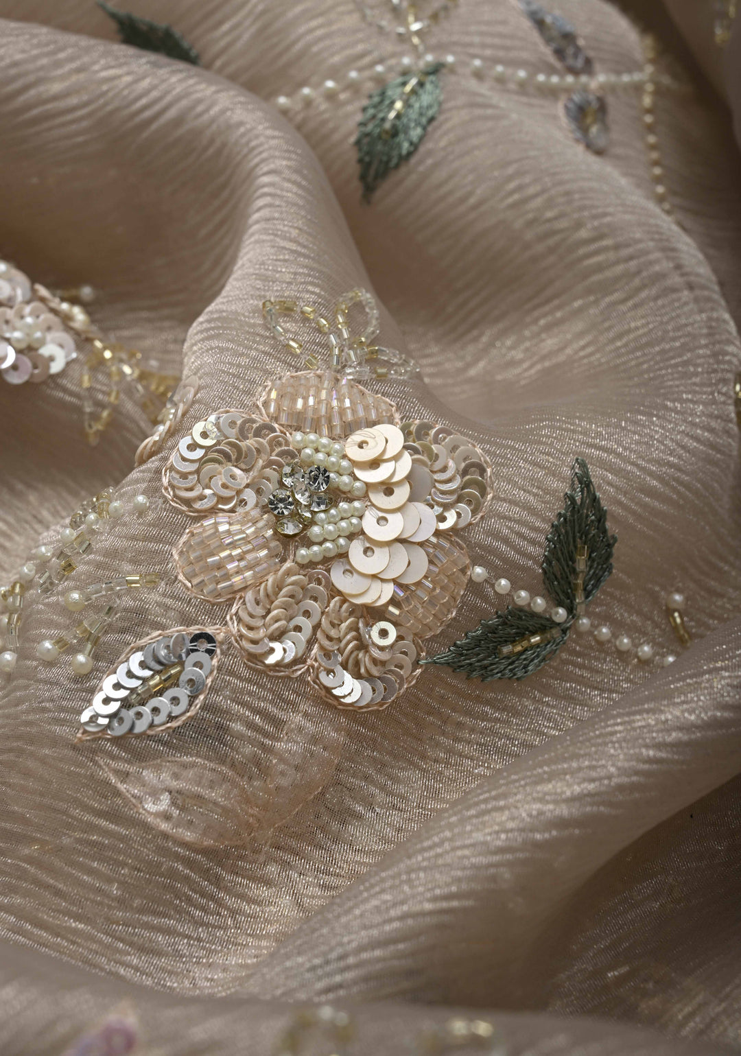 Champagne Hand Embroidery Jaal on Crushed Tissue Organza Saree with Sequins, Cutdana, Moti, Thread Detailing and Scallop Border