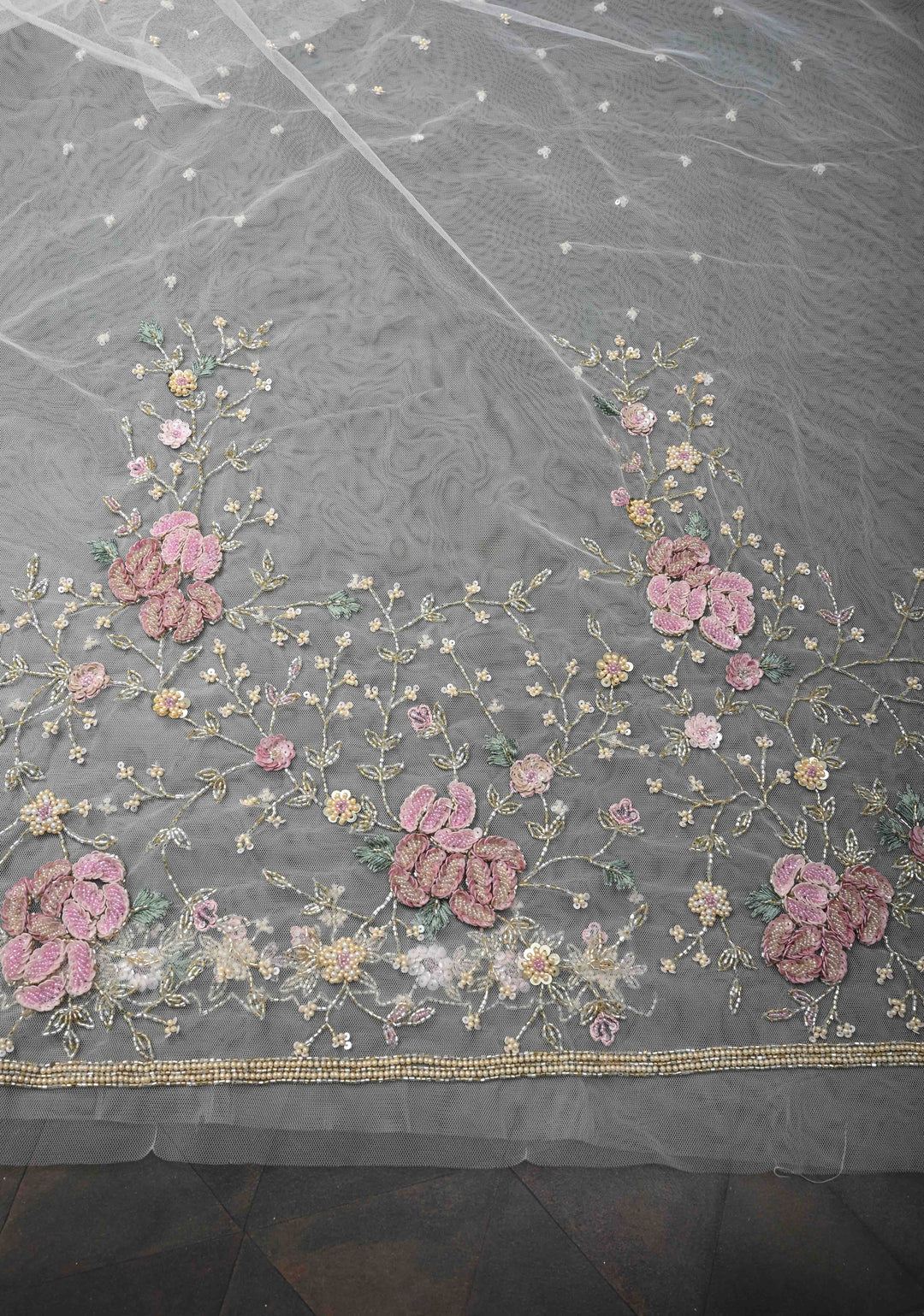 White 3D Floral jaal on Net Saree with sequins, cutdana, stone handwork and Scallop Border