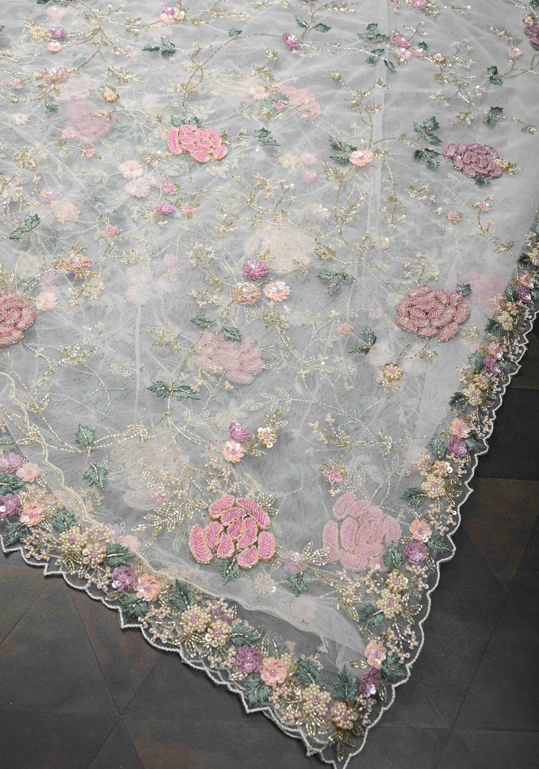 White 3D Floral jaal on Net Saree with sequins, cutdana, stone handwork and Scallop Border